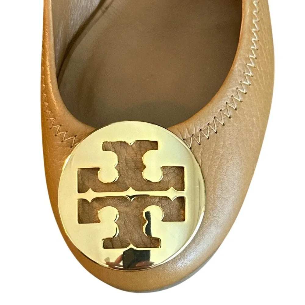 Tory Burch Sally 2 Wedge Pumps Tan Brown Leather Gold Logo Size 7